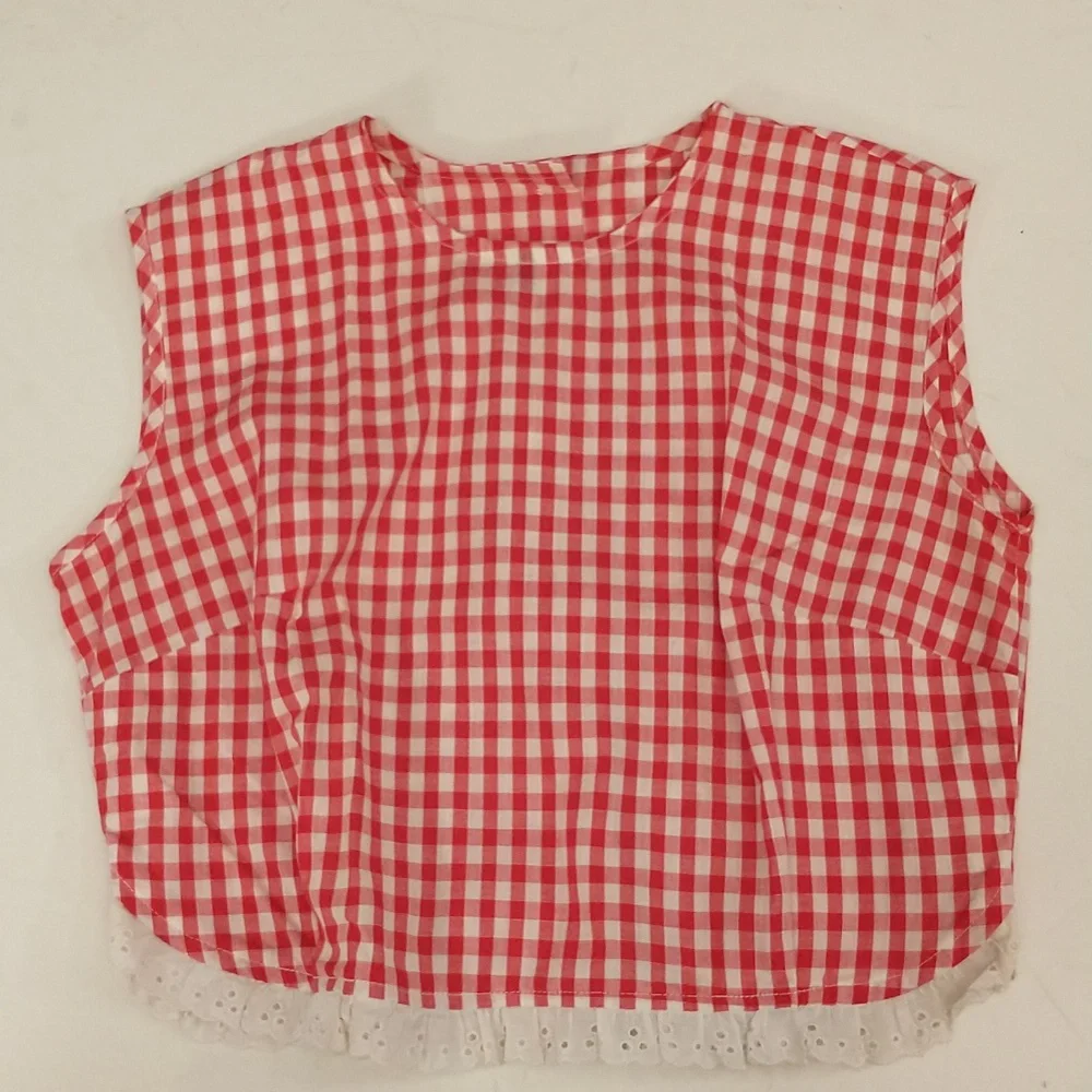 70s Vintage Gingham Check Crop Blouse Sleeveless Classic Red & White Lace Trim - Picture 6 of 8